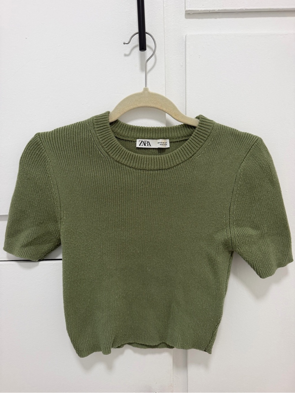 Zara Olive Green Ribbed Short-Sleeve Top